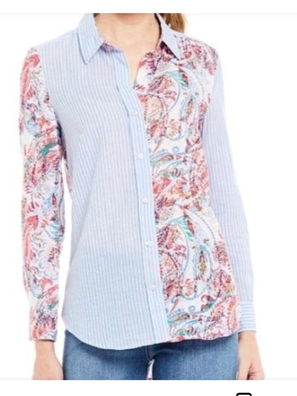 Westbound Light Blue Striped & Paisley Button-Down Blouse #60%cotton 40%rayon